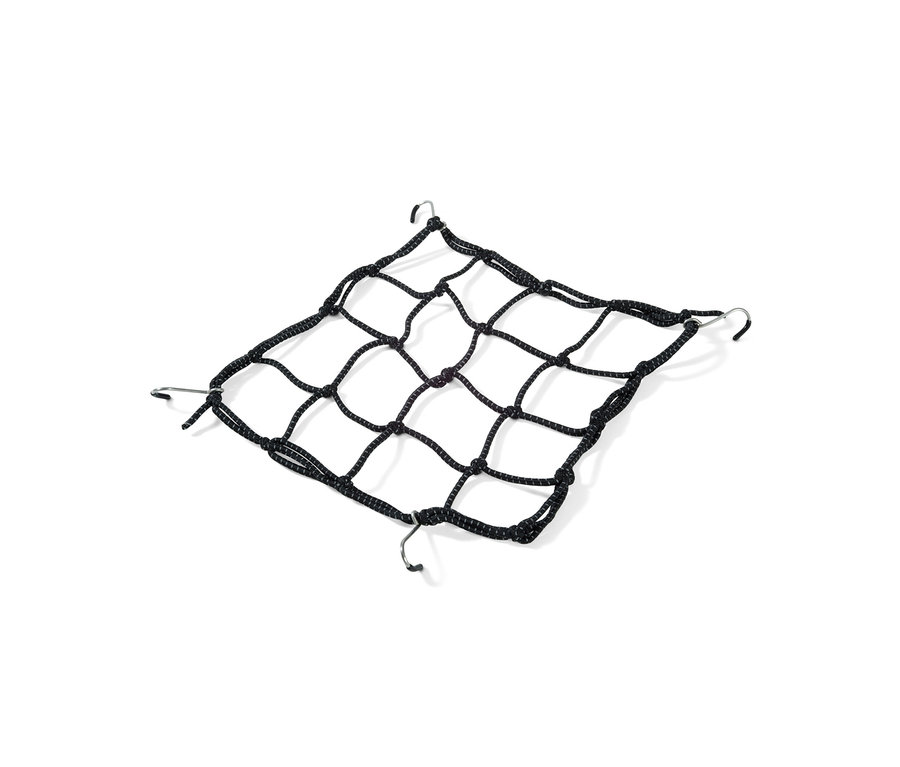 Filet noir pour porte-bagages de vélo avec crochets aux coins.