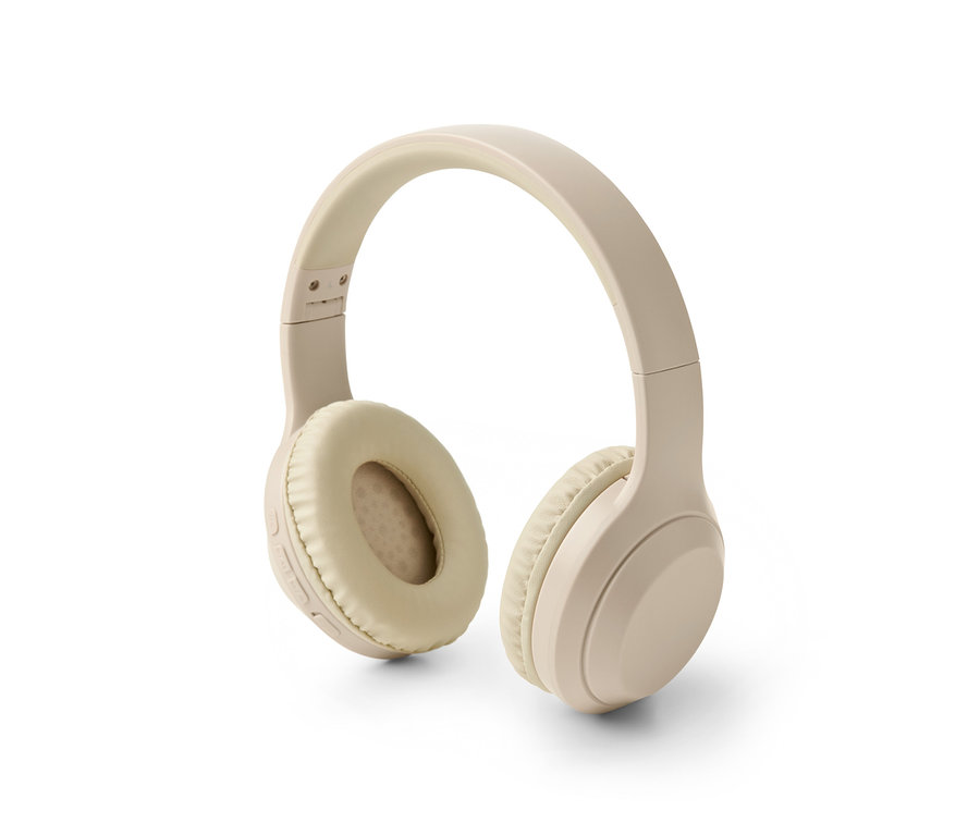 Casque Bluetooth® beige sur fond blanc.