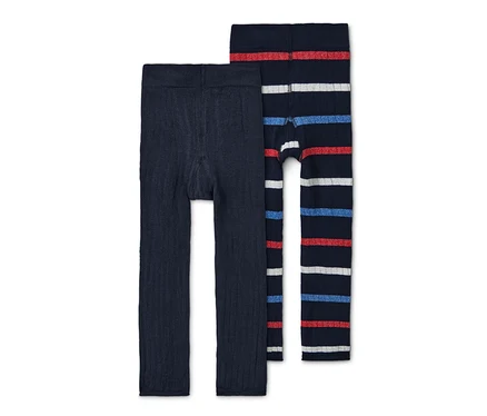 Deux leggings en maille : un bleu marine et un rayé (bleu, rouge et blanc).