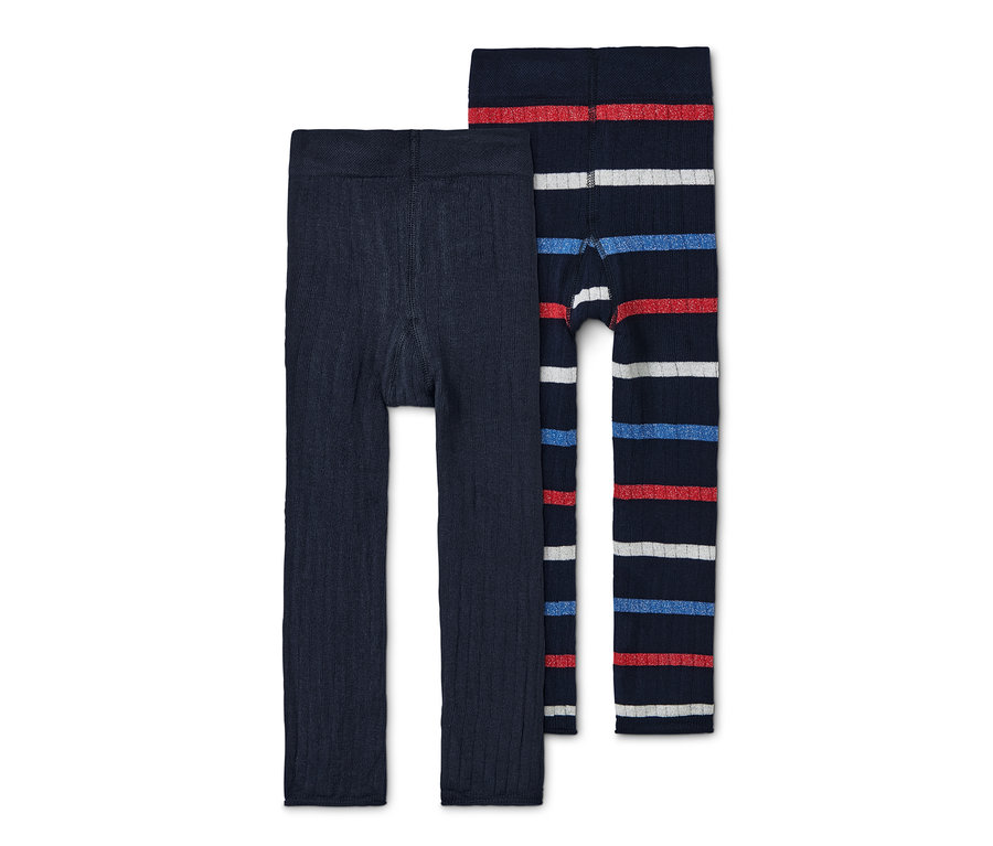 Deux leggings en maille : un bleu marine et un rayé (bleu, rouge et blanc).