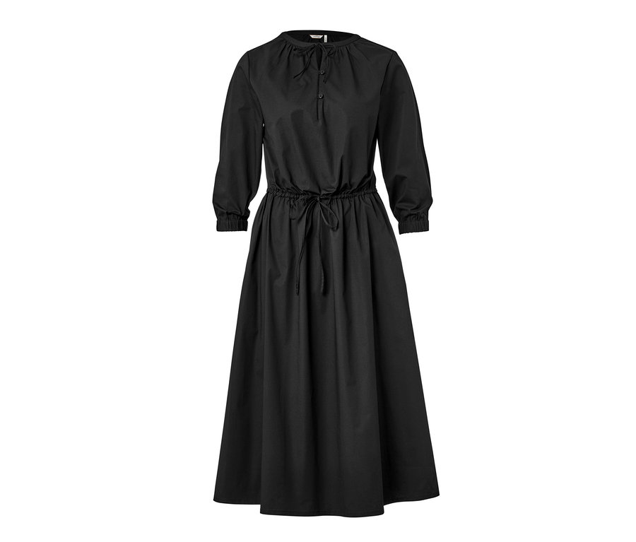 Robe noire en popeline à manches longues et cordon de serrage à la taille.
