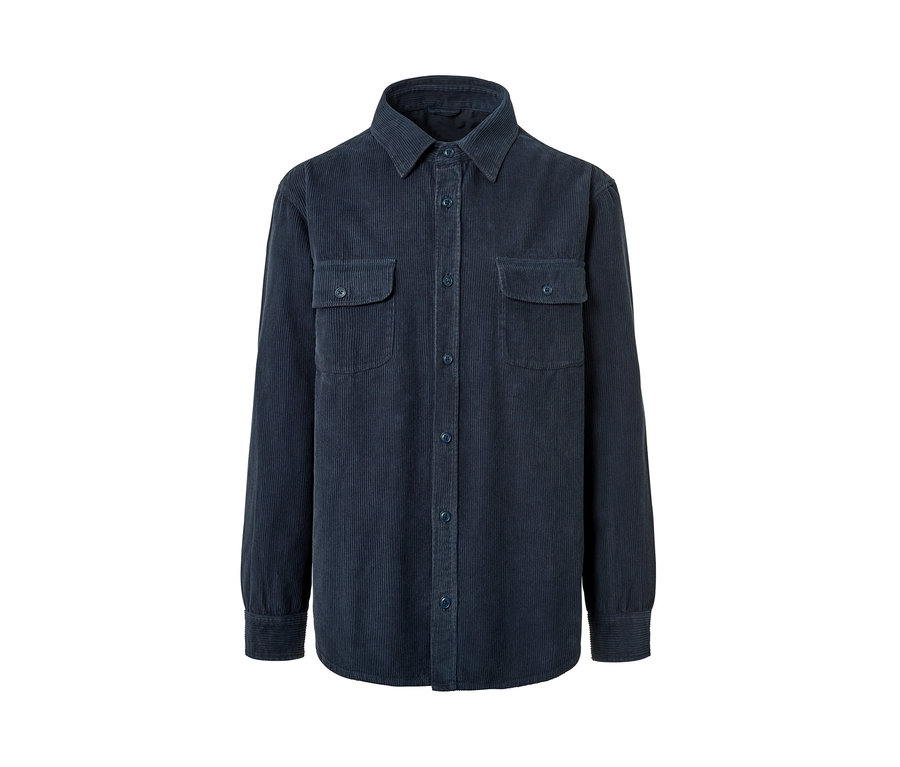 Veste chemise en velours côtelé bleu marine à manches longues, boutonnée avec deux poches de poitrine.