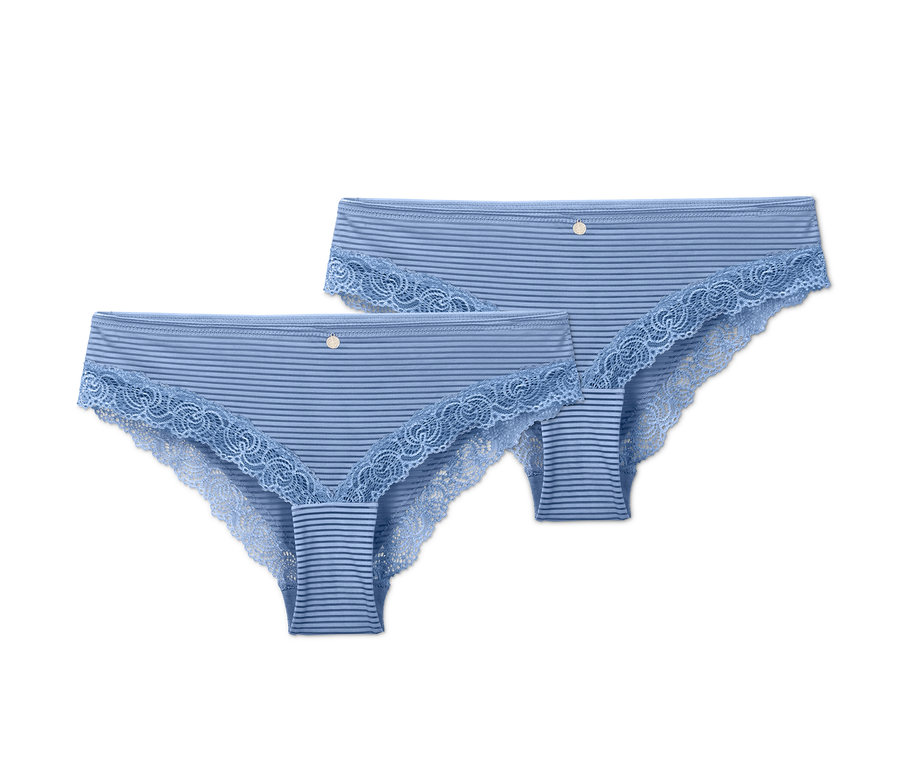 Deux slips brésiliens bleuet rayés avec de la dentelle.
