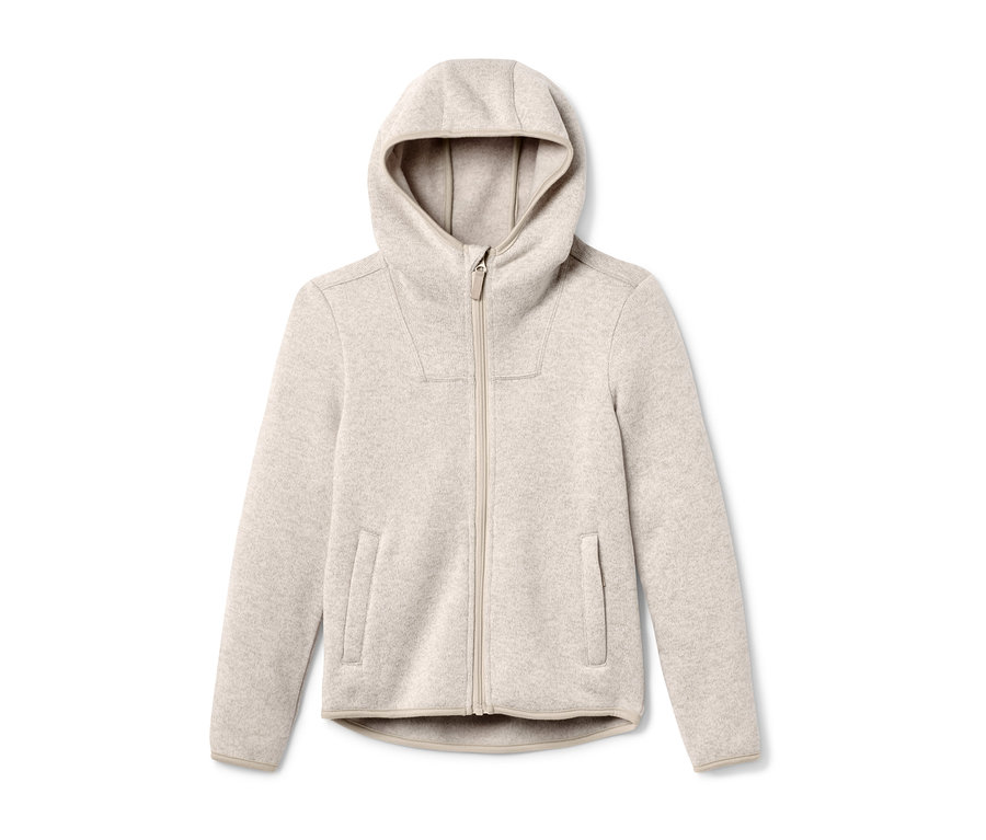 Veste en maille polaire beige avec fermeture éclair et capuche.