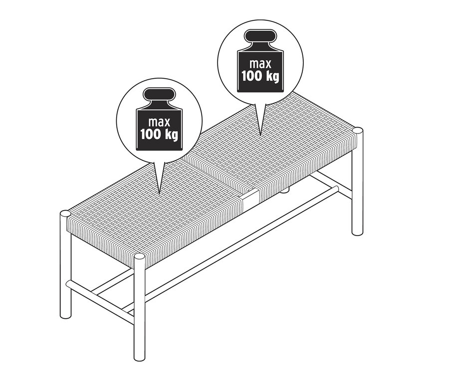 Illustration d'un banc avec matière tressée, supportant un poids maximal de 100 kg.