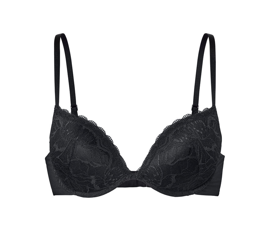 Soutien-gorge push-up noir avec détails en dentelle.