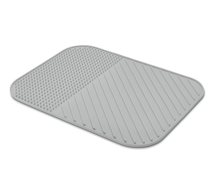 Un tapis égouttoir à vaisselle en silicone gris avec texture.