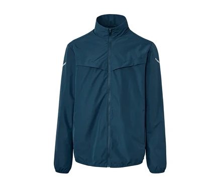 Veste coupe-vent bleue avec fermeture éclair.