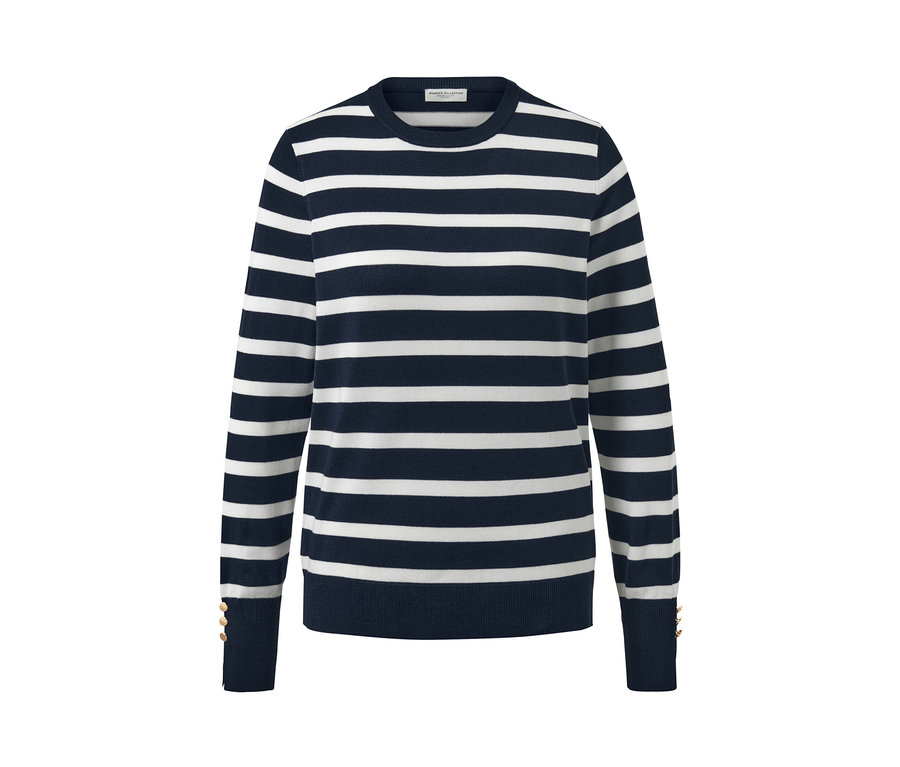 Pullover en tricot fin à rayures bleu marine.