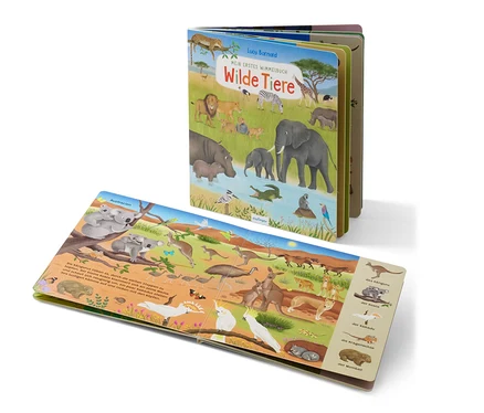 Le livre « Mein erstes Wimmelbuch – Wilde Tiere » est ouvert sur une page avec des illustrations d'animaux d'Australie.