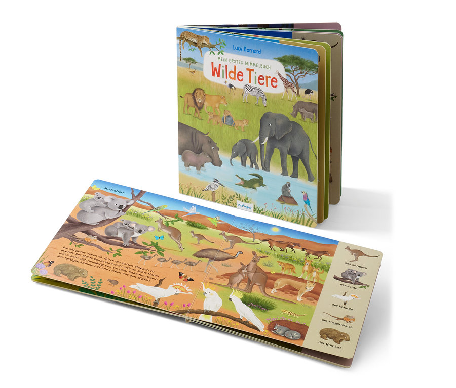 Le livre « Mein erstes Wimmelbuch – Wilde Tiere » est ouvert sur une page avec des illustrations d'animaux d'Australie.