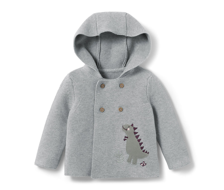 Gilet en maille gris pour bébé avec capuche et motif dinosaure appliqué.
