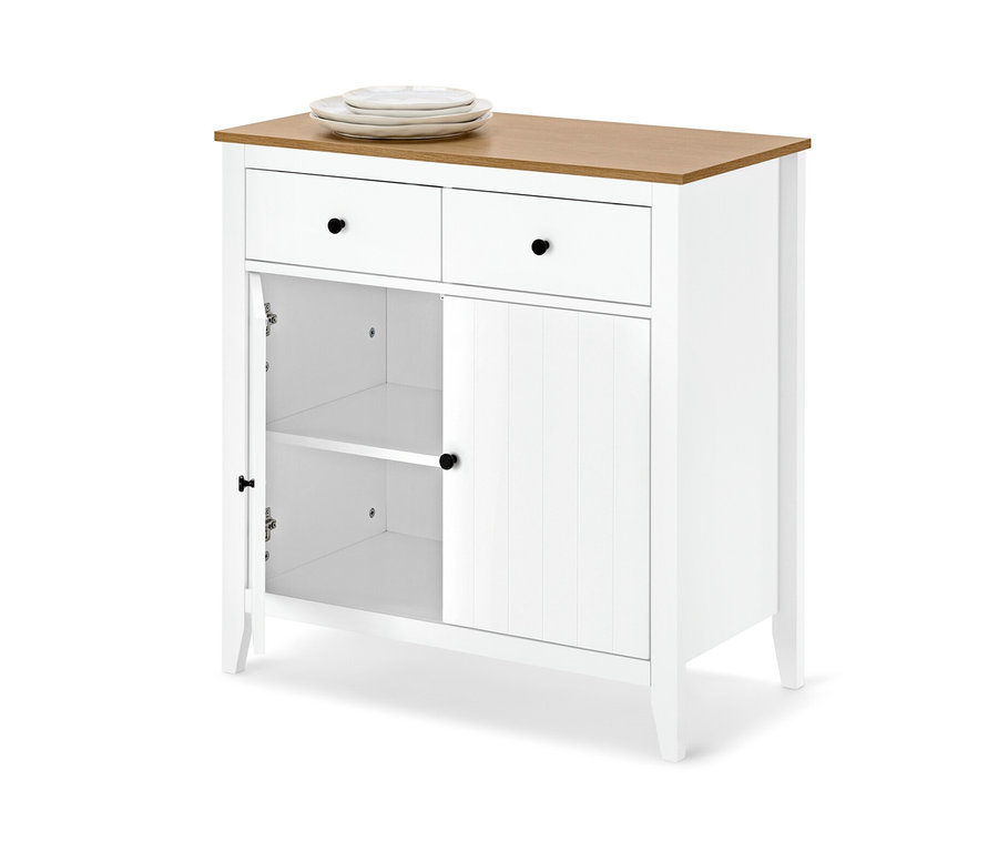 Buffet blanc avec plateau en bois, deux tiroirs et une porte ouverte.