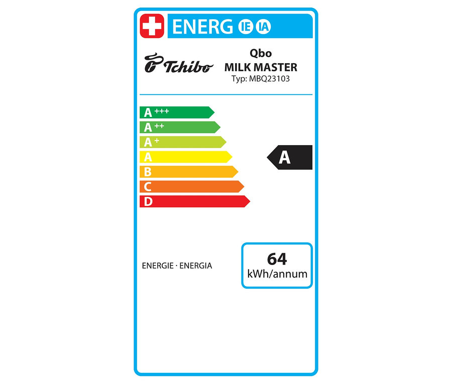 Étiquette énergétique pour Qbo MILK MASTER Gentle Grey avec une note A et une consommation annuelle de 64 kWh.