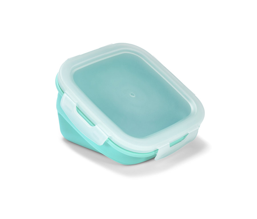 Gros plan d'une seule boîte fraîcheur bleu-vert avec un couvercle transparent.