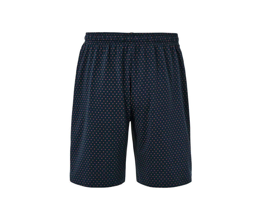 Short relax bleu marine avec motif géométrique rouge.