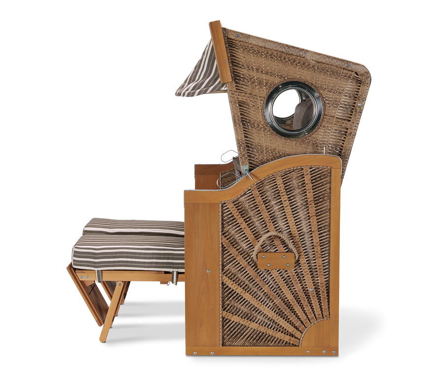 Vue latérale d'une corbeille de plage premium XL avec table pliante et coussin à rayures marron et blanc.