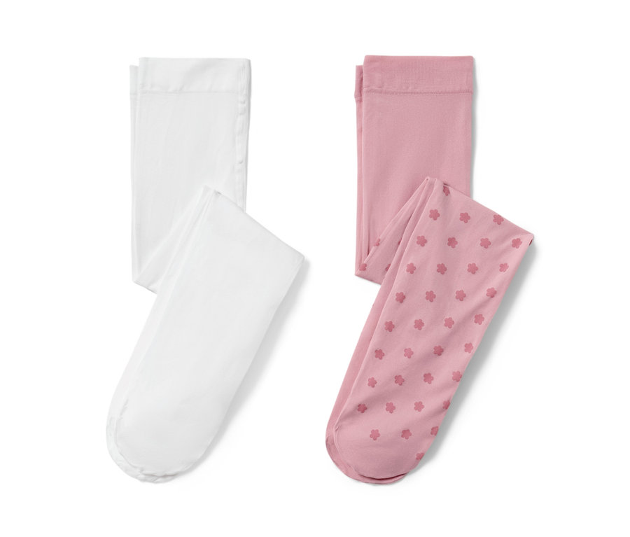 Deux collants fins pour enfant : un blanc et un rose à motif floral.