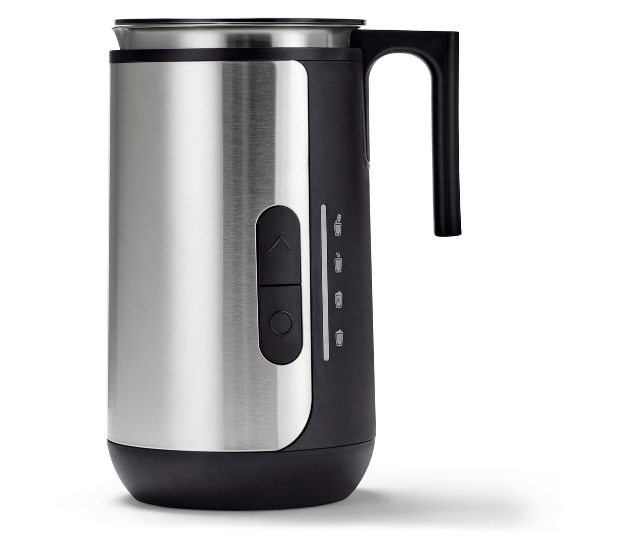 Mousseur à lait électrique en acier inoxydable avec deux boutons sur un panneau de commande noir.