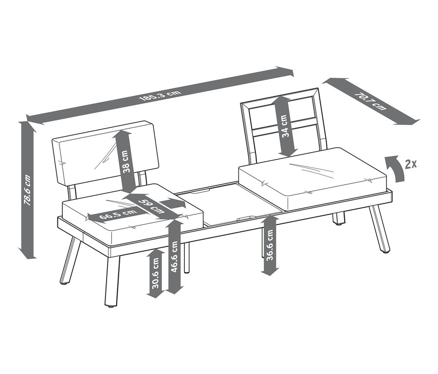 Schéma d'un canapé-lit 2 en 1 avec table centrale relevable et dimensions indiquées.