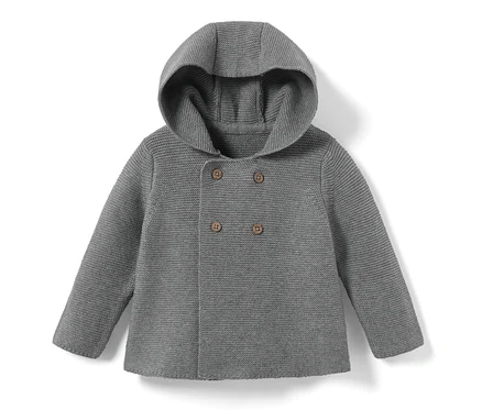 Jaquette en maille gris chiné pour bébé avec capuche et boutons.
