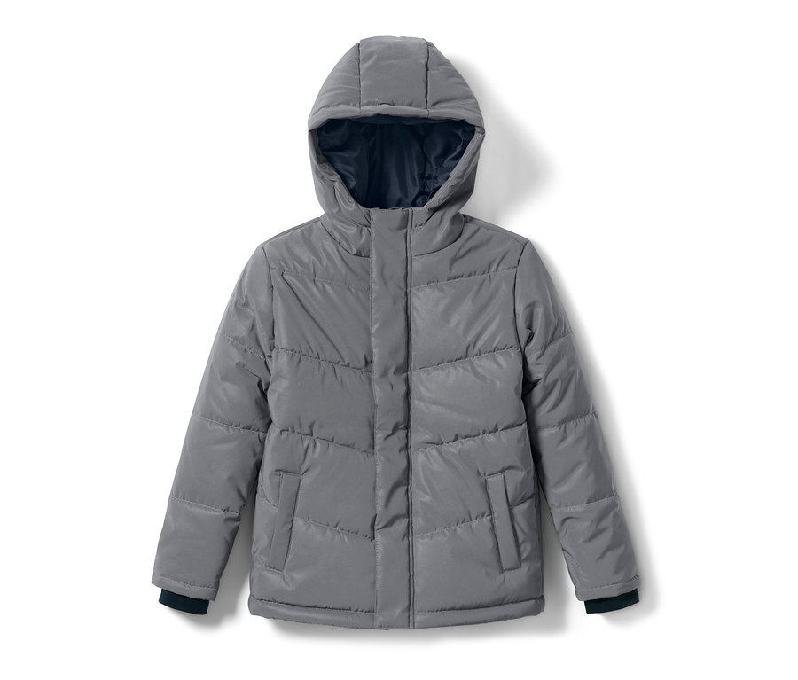 Veste matelassée réfléchissante grise pour enfant avec capuche.