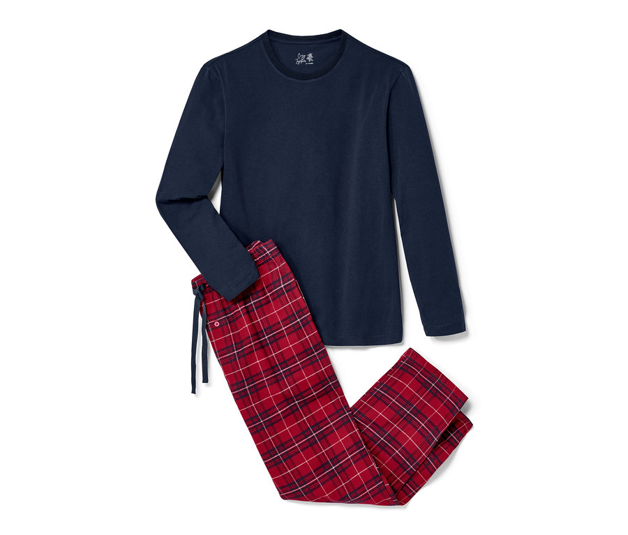 Pyjama pour homme bleu marine avec un pantalon en flanelle à carreaux rouge et bleu marine.