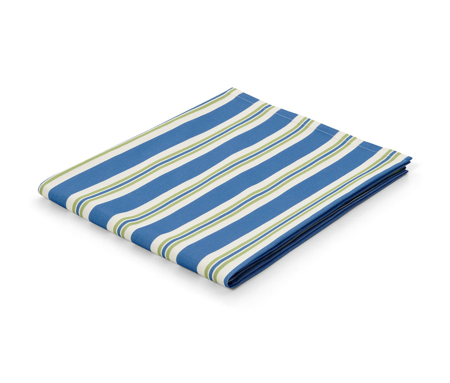 Nappe lavable pliée avec un motif rayé bleu et blanc, env. 140 x 180 cm.
