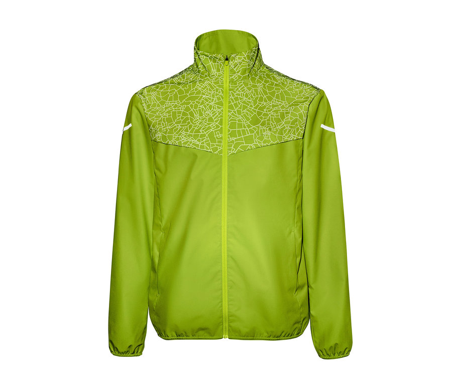 Veste de course coupe-vent vert fluo avec un motif sur le haut.