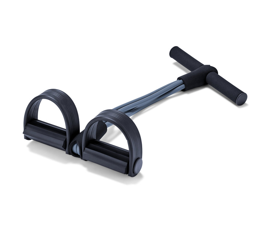 Accessoire d’entraînement noir et gris pour les abdos et le dos avec poignée et deux boucles pour les pieds.