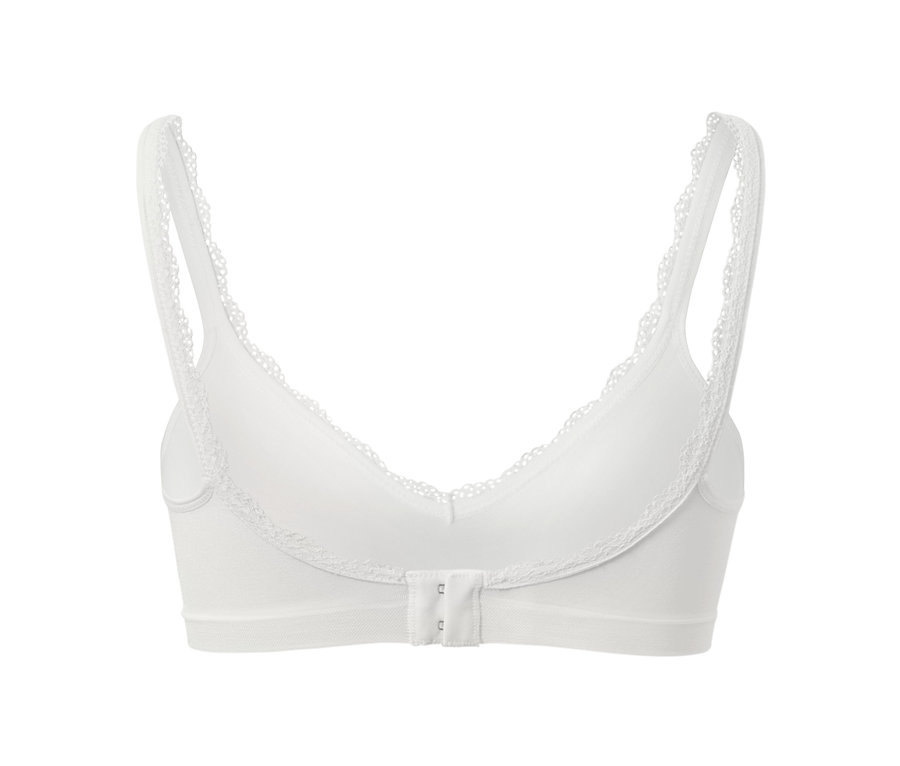 Détail d'un soutien-gorge doux sans coutures blanc avec des détails en dentelle.