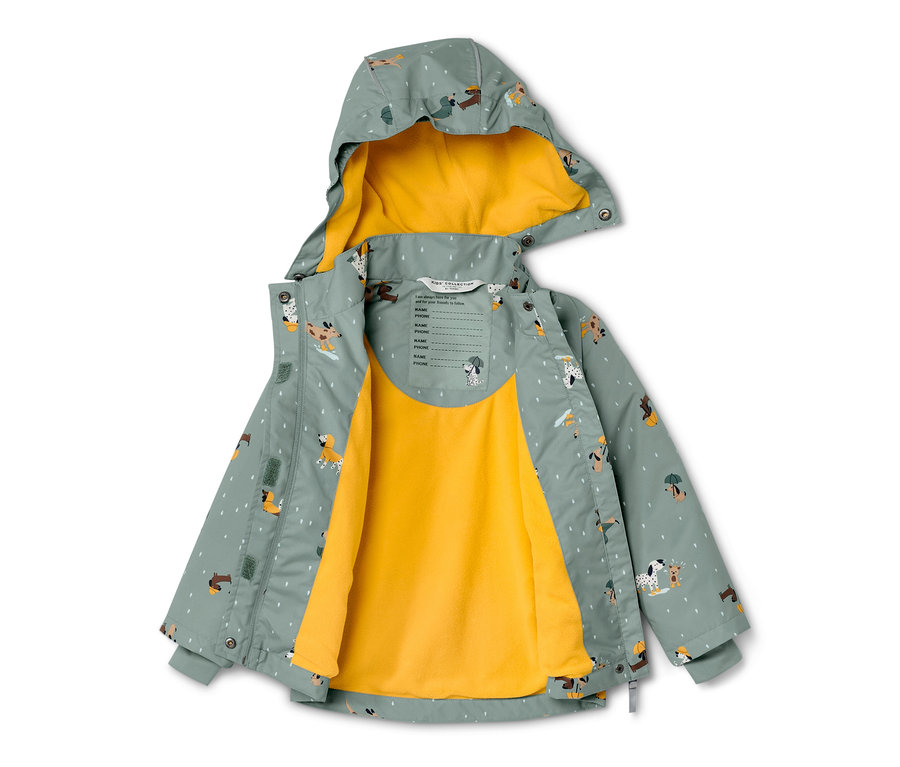 Veste de pluie thermique pour enfant avec motif de chien et doublure jaune.