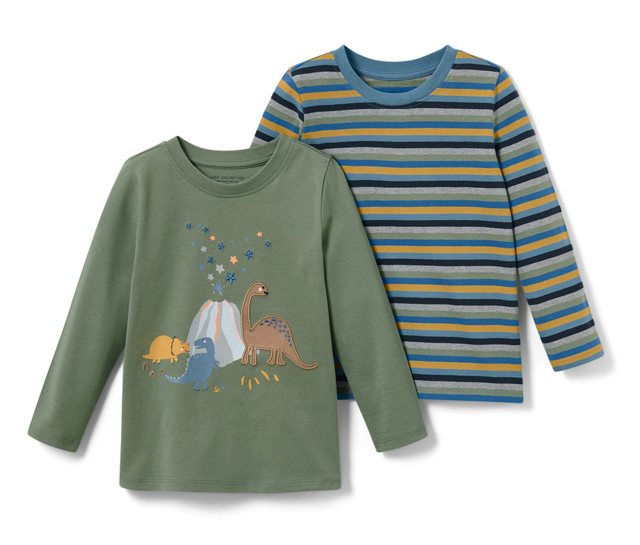 Deux t-shirts manches longues pour enfant, dinosaure. Un vert olive avec des dinosaures et un volcan, l'autre avec des rayures bleues, grises et jaunes.