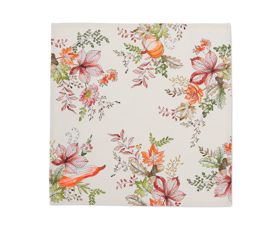 Nappe blanche, env. 90 x 90 cm, imprimée avec des feuilles d'automne, des fleurs, des glands et des citrouilles.