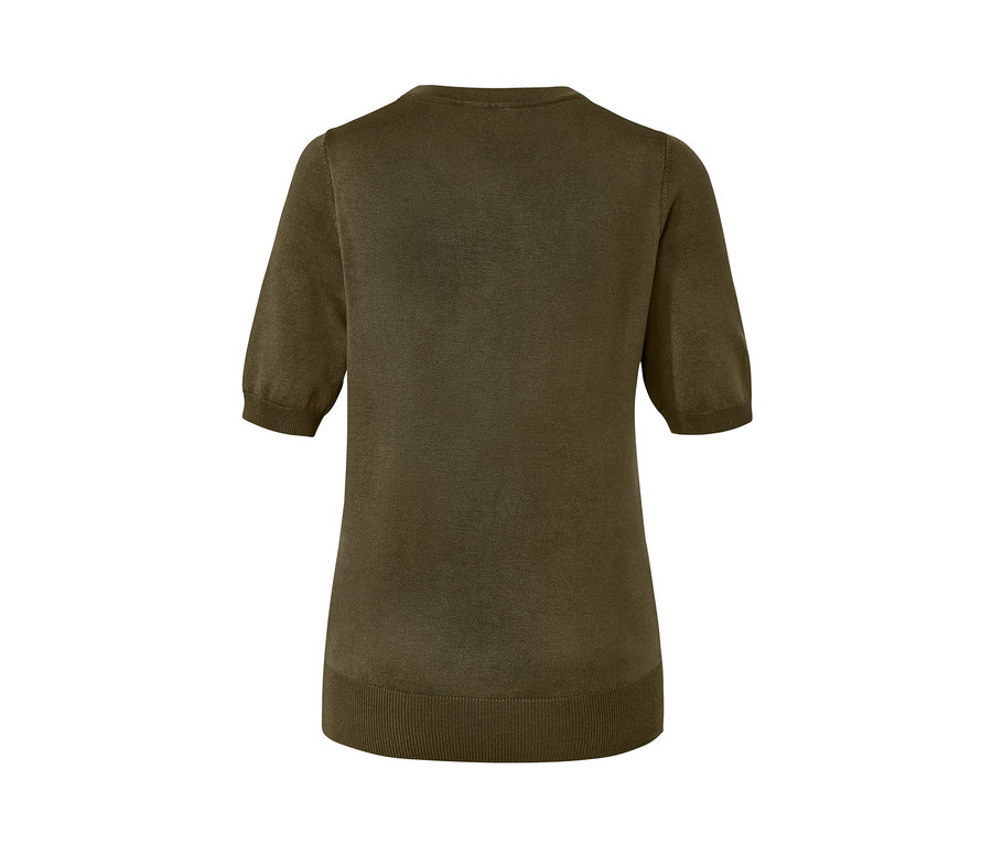 Vue arrière d'un pull en maille fine olive à manches courtes.