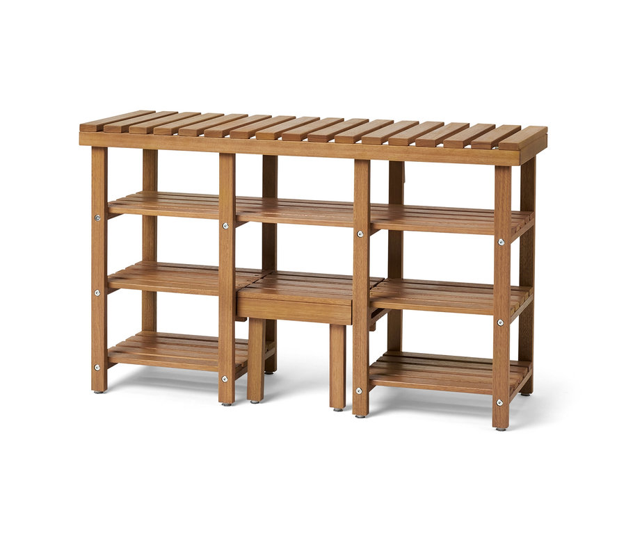 Banc à chaussures haut avec marchepied rabattable.