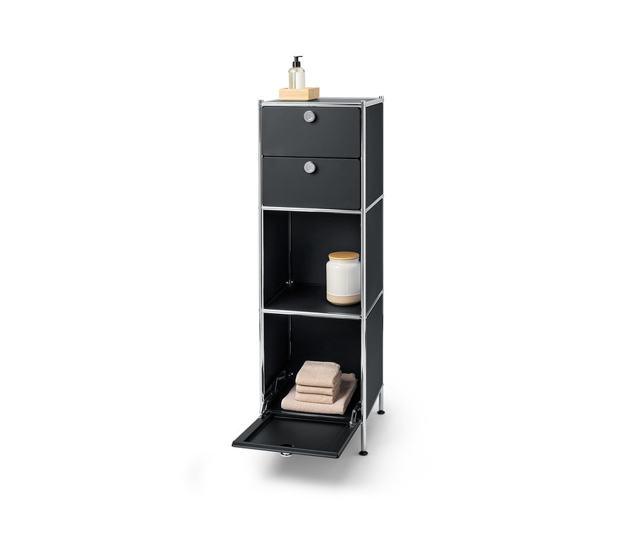 Commode étroite en métal « CN3 » avec deux tiroirs, 1 compartiment abattant, flacon pompe et verre.