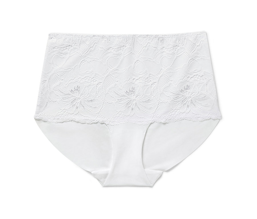 Détail d'une culotte taille haute blanche.