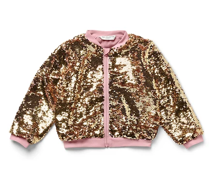 Une veste à paillettes pour enfants avec fermeture éclair et bordures roses.