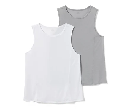Deux débardeurs de sport, gris et blanc.