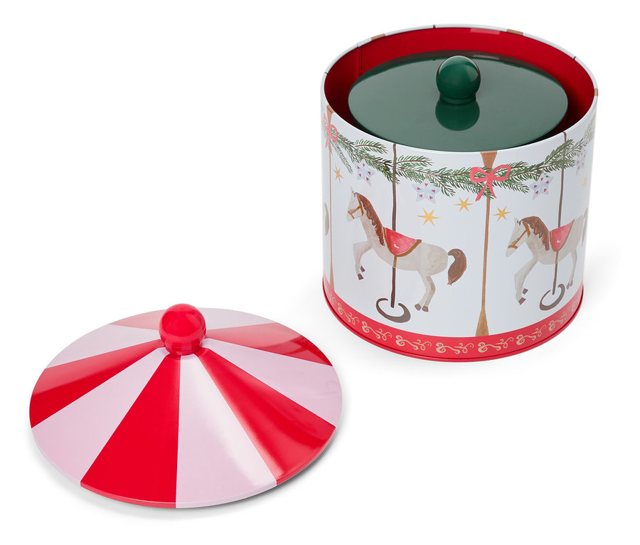 Boîte à biscuits ouverte avec motif de cheval de carrousel et couvercle rayé rouge et blanc.
