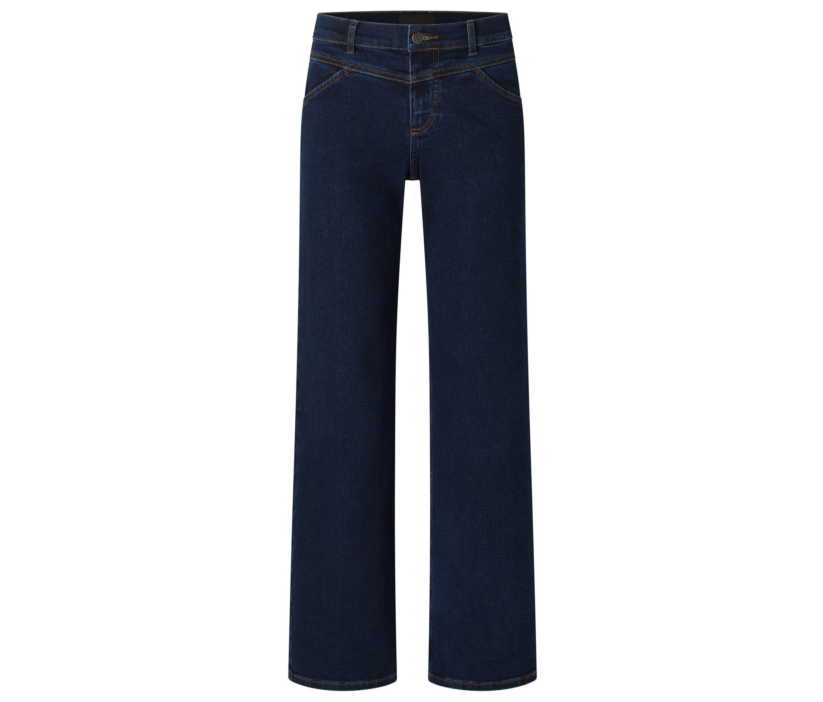 Jean bleu foncé avec jambe large et fermeture à bouton.