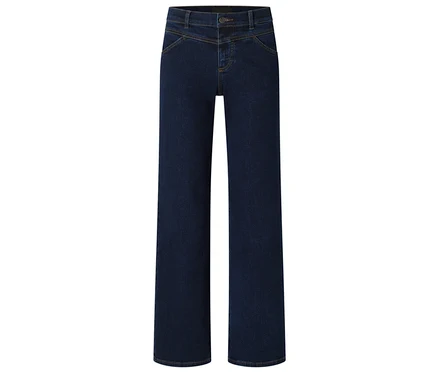 Jean bleu foncé avec jambe large et fermeture à bouton.