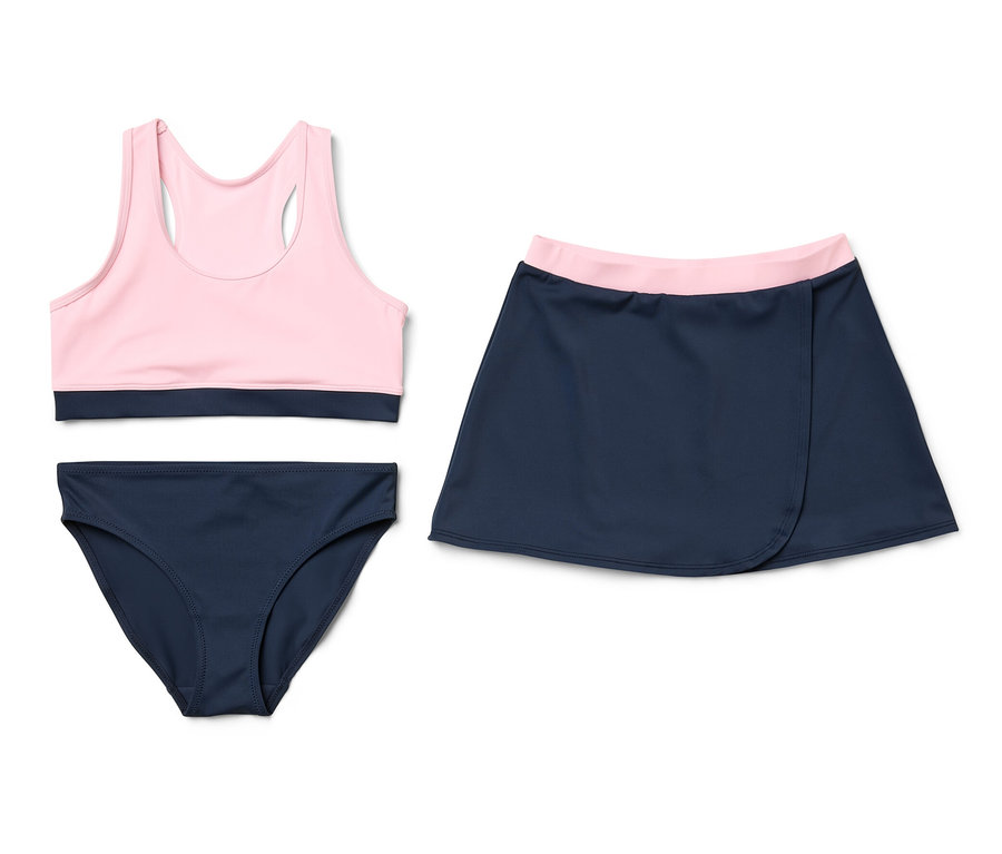 Ensemble de bikinis pour enfants rose et bleu marine avec soutien-gorge de sport, slip de bain et jupe.