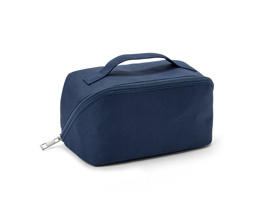 Trousse à cosmétiques bleue avec fermeture éclair et poignée.