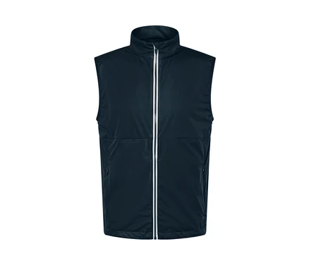 Une veste sans manches softshell bleu marine avec une fermeture éclair au centre.