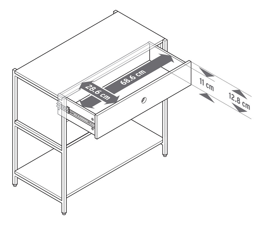 Schéma d'une commode «KLAAR» avec 2 tiroirs, le tiroir supérieur étant sorti et les dimensions indiquées.