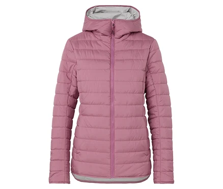 Veste matelassée rose avec capuche et doublure grise.