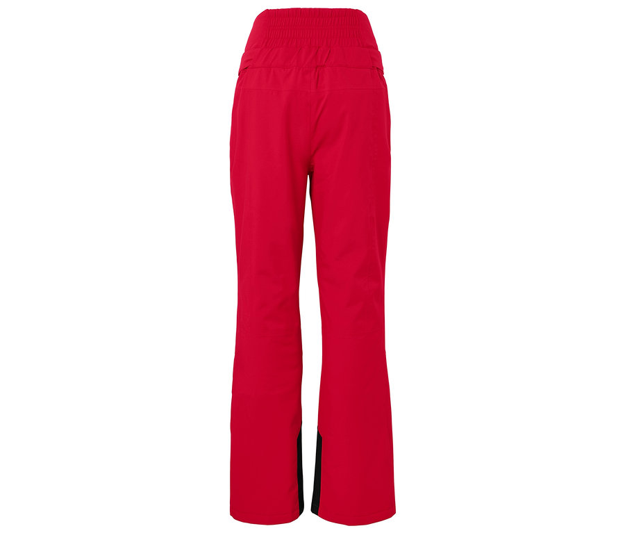 Pantalon de ski rouge taille haute avec détails noirs en bas des jambes.
