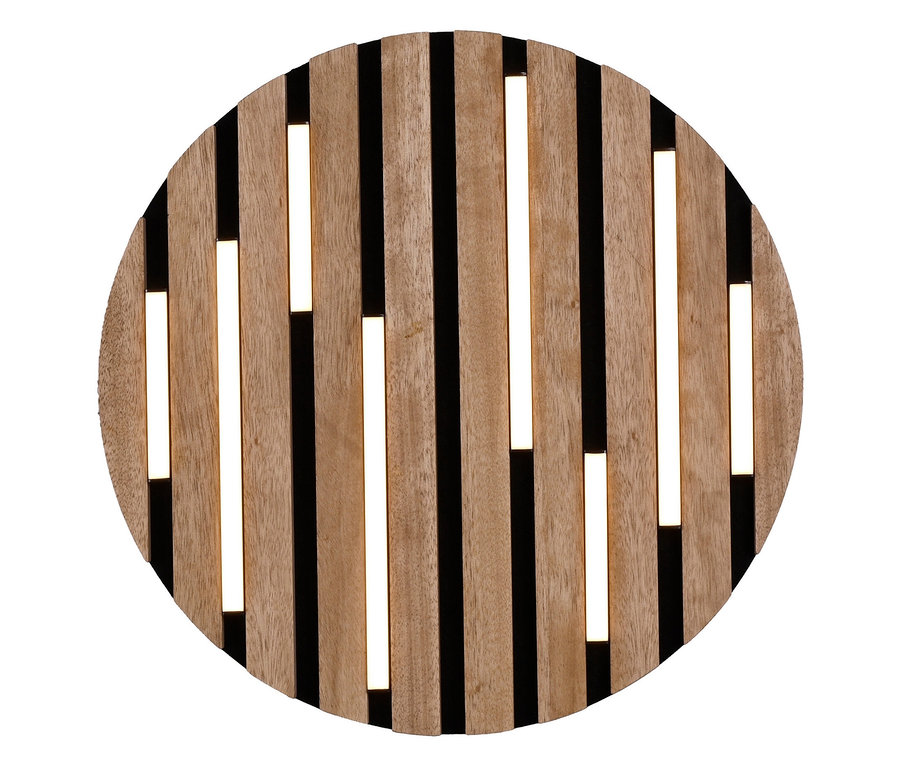Décoration circulaire en bois avec des rayures noires.